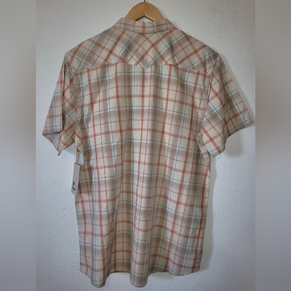 ARIAT HORTON RETRO SS SHIRT MENS XLT TALL Pearl Snaps Red Beige Plaid Western - Picture 3 of 10